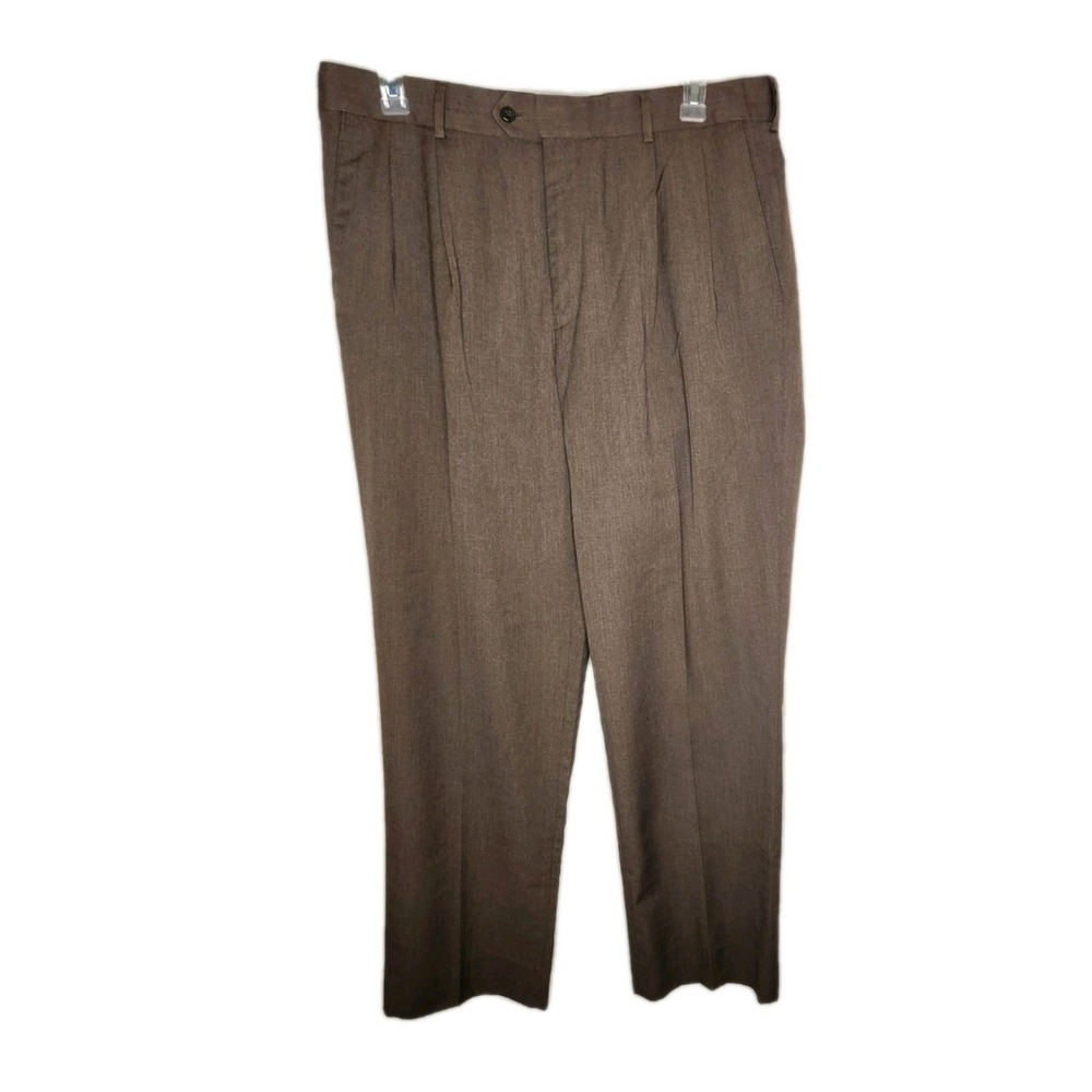 Stafford Travel Mens Brown Pleated Classic Fit Dress Pants 38x32 Year Round